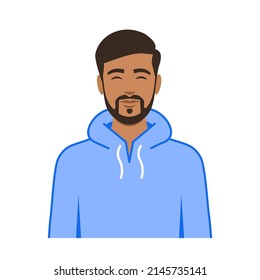 Young indian or arabic man with beard character design. Smiling Man with blue hoodie. Vector illustration