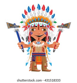 A young indian armed with two tomahawks. Vector illustration.