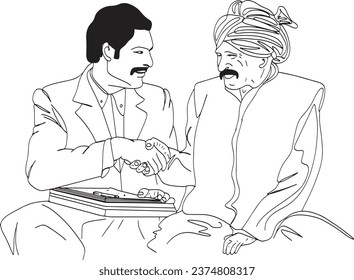 Young Indian Bank Officer Assisting Farmer - One Line Cartoon Illustration, Cartoon Drawing of Young India Bank Officer at Farmer's Farm - Illustration