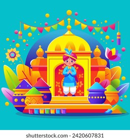 Young Indian boy dressed in traditional clothing standing in front of a temple. He is surrounded by colorful elements such as holi colors, fireworks, and flowers. The background is a gradient of blue.
