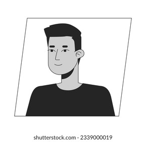 Young indian brunette man black white cartoon avatar icon. Editable 2D character user portrait, linear flat illustration. Vector face profile. Outline person head and shoulders