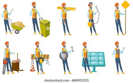 Young indian builder set. Builder pushing wheelbarrow full of sand, recycling bin, lumberjack with chainsaw, mechanic with wheel. Set of vector flat design illustrations isolated on white background.