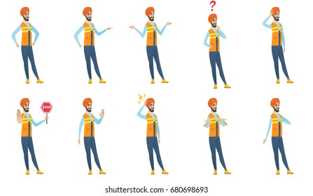 Joven constructor indio. Generador gritando, pensando, encogiéndose de hombros, arañando la cabeza, mostrando la señal de paro en el camino y la palma. Conjunto de ilustraciones de diseño plano vectorial aisladas en fondo blanco.