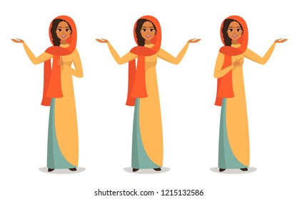 Young indian business woman wearing national dress presenting something with two hands.Indian girl in various poses: wide-open arms, welcoming posture, demonstrates something.vector illustration 