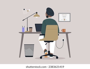 A young Indian character diligently using their computer at a desk, viewed from behind