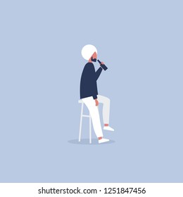 Young indian character drinking a bottle of beer in a pub. Friday night. After work. Leisure. Flat editable vector illustration, clip art