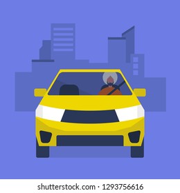 Young indian character driving a yellow car. Urban lifestyle. Taxi service. Flat editable vector illustration, clip art