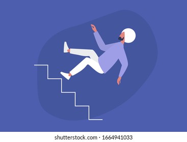 Joven personaje indio que cae de una escalera, desgracia, concepto de fracaso