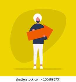 Young indian character holding a big red arrow. Success. Growth. Efficient management. Flat editable vector illustration, clip art