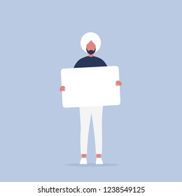 Young indian character holding a sheet of white paper. Copy space. Your text here, template. Flat editable vector illustration, clip art