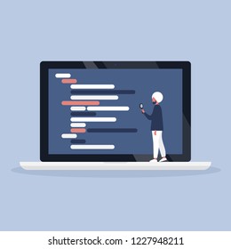 Young indian character inspecting the programming code with a magnifying glass. Front end and back end. Web site. Flat editable vector illustration, clip art