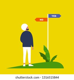 Young indian character making a decision. Navigating signpost showing the opposite directions. Yes No alternatives. Flat editable vector illustration, clip art