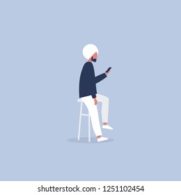 Young indian character sitting on the bar stool and holding a smartphone. Millennial lifestyle. Social media. Flat editable vector illustration, clip art