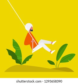 Young indian character swinging on a swing. Modern lifestyle. Summer. Having fun. Flat editable vector illustration, clip art