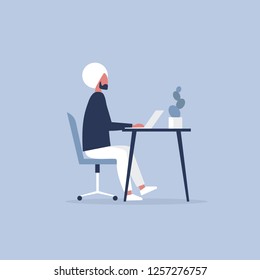 Young indian character working in the office. Furniture. Cabinet. Workspace. Millennials at work. Flat editable vector illustration, clip art