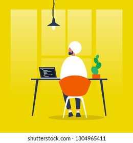 Young indian character working on a computer. Programming code. Front end, Back end developer. Flat editable vector illustration, clip art. Millennials at work.
