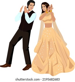 Young Indian Couple Dancing Wedding Dance In Beautiful Costumes Vector