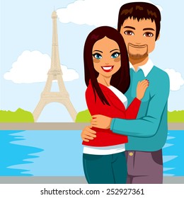 Young Indian couple enjoying honeymoon in Paris with Eiffel Tower in background