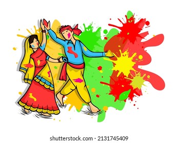 Young Indian Couple Playing Holi In Traditional Attire And Color Splatter Effect On White Background.