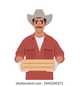 Joven granjero indio sosteniendo una caja de madera vacía. Ilustración vectorial plana aislada sobre fondo blanco