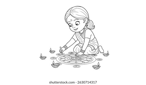 Young Indian Girl Creating a Simple Floral Rangoli Design on Floor with Diyas Easy Coloring Page Concept
