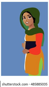 Young indian girl with textbook. Cartoon style. Vector illustration.