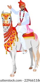 A young Indian groom in a white wedding suit with a red turban sits on a white beautifully decorated horse. Vector