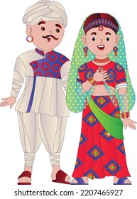 a young Indian Gujrati married couple dressed in ethnic Indian dress and smiling