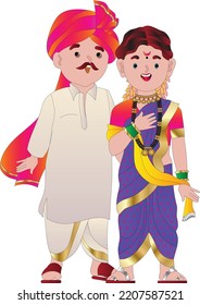 a young Indian Maharashtrian married couple dressed in ethnic Indian dress and smiling