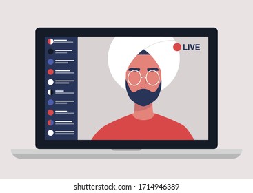 Young Indian Male Blogger Holding A Live Streaming Online Event, Website Interface