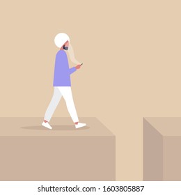Young indian male character addicted to smart phone striding to the abyss, nomophobia, millennial lifestyle