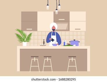 Young indian male character cooking food at home, healthy lifestyle, culinary blog