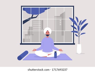 Young indian male character doing a yoga workout at home, modern healthy lifestyle