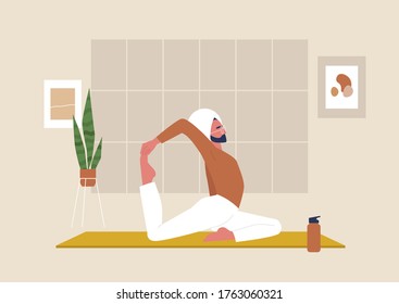 Young indian male character doing stretching exercises, mindfulness and meditation,  yoga studio