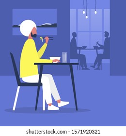 Young indian male character eating noodles with chopsticks inside a modern oriental restaurant, millennial lifestyle, eating out