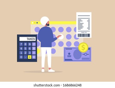 Young indian male character filing a tax return, Declaring an income