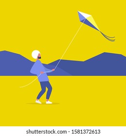 Young indian male character flying a kite outdoor, leisure pursuit