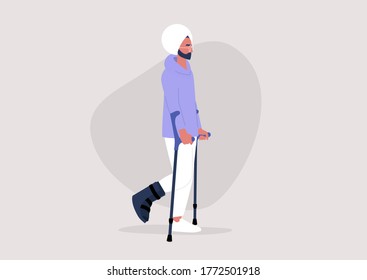 Young indian male character with a fractured leg using crutches to walk, health care