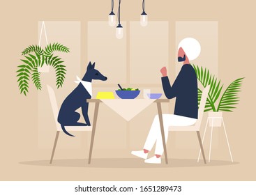 Young Indian Male Character Having Dinner With Their Dog At The Table, Pampered Animals, Millennials Being Crazy Over Dogs