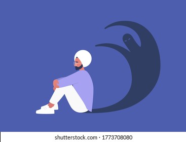 Young indian male character having a panic attack, an imaginary monster shadow silhouette, mental health issues, psychology