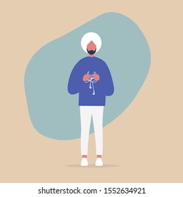 Young indian male character holding a knot of tangled earphones, millennial lifestyle