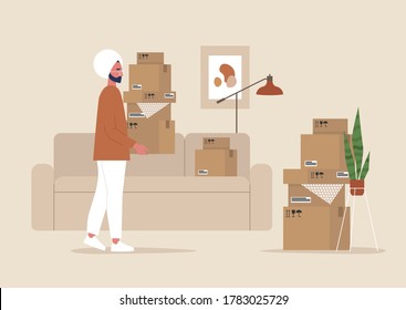 Young indian male character holding cardboard boxes, moving to a new apartment, relocation, home interior