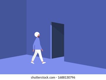 Young indian male character leaving the room, exit