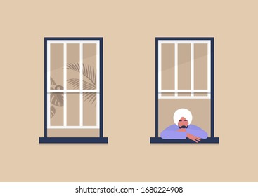 Young Indian Male Character Looking Out The Window, Self-isolation And Boredom, Quarantine