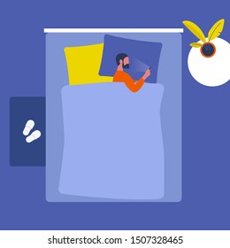 Young indian male character lying with a smartphone in bed . Social media. Millennials. Insomnia. Top view. Interior design. Flat editable vector illustration, clip art