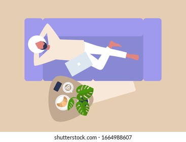 Young Indian Male Character Lying Down On Sofa, Top View, Living Room, Relaxation