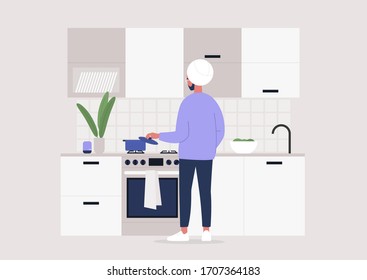 Young indian male character making meal at the kitchen, rear view, stay at home lifestyle