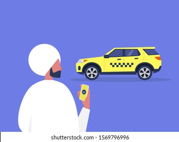 Young indian male character ordering a taxi with a mobile app service, yellow cab with checkered pattern