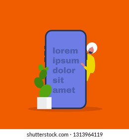 Young indian male character peeping out from behind the smartphone. Presentation. Template. Lorem ipsum. Your text here. Flat editable vector illustration, clip art 