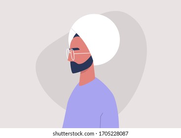 Young indian male character portrait, profile view, millennial lifestyle, flat vector graphics